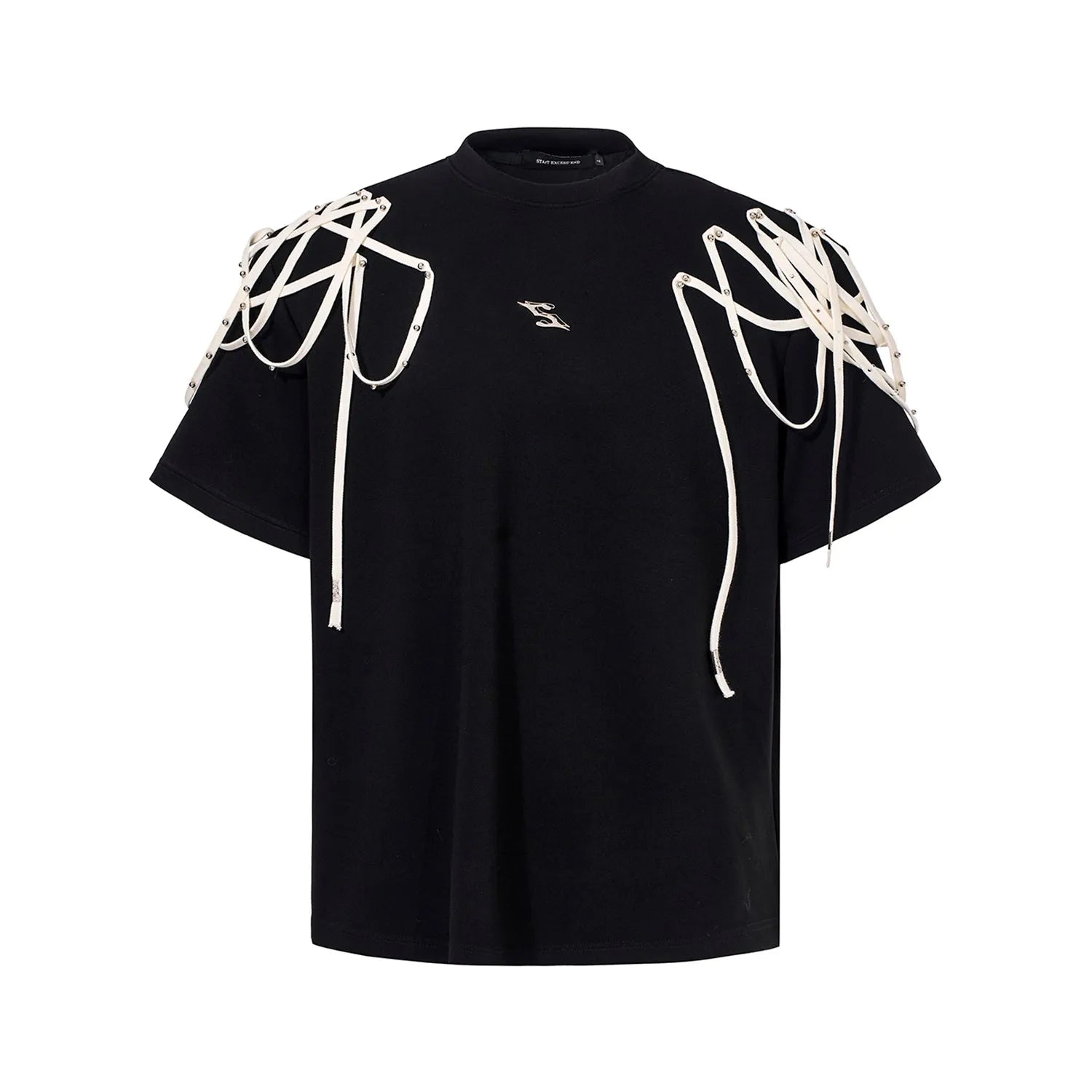Black loose fit t-shirt with padded shoulders featuring rivet ribbon detail