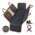 Black dog car seat cover with orange edging on a rear car seat, showing mesh window and storage pocket.