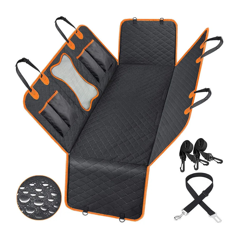 Black dog car seat cover with orange edging on a rear car seat, showing mesh window and storage pocket.
