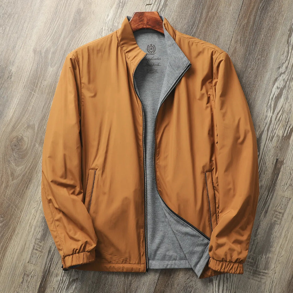 Men's stand collar business casual jacket in polyester with cotton lining, shown in Army Green colour