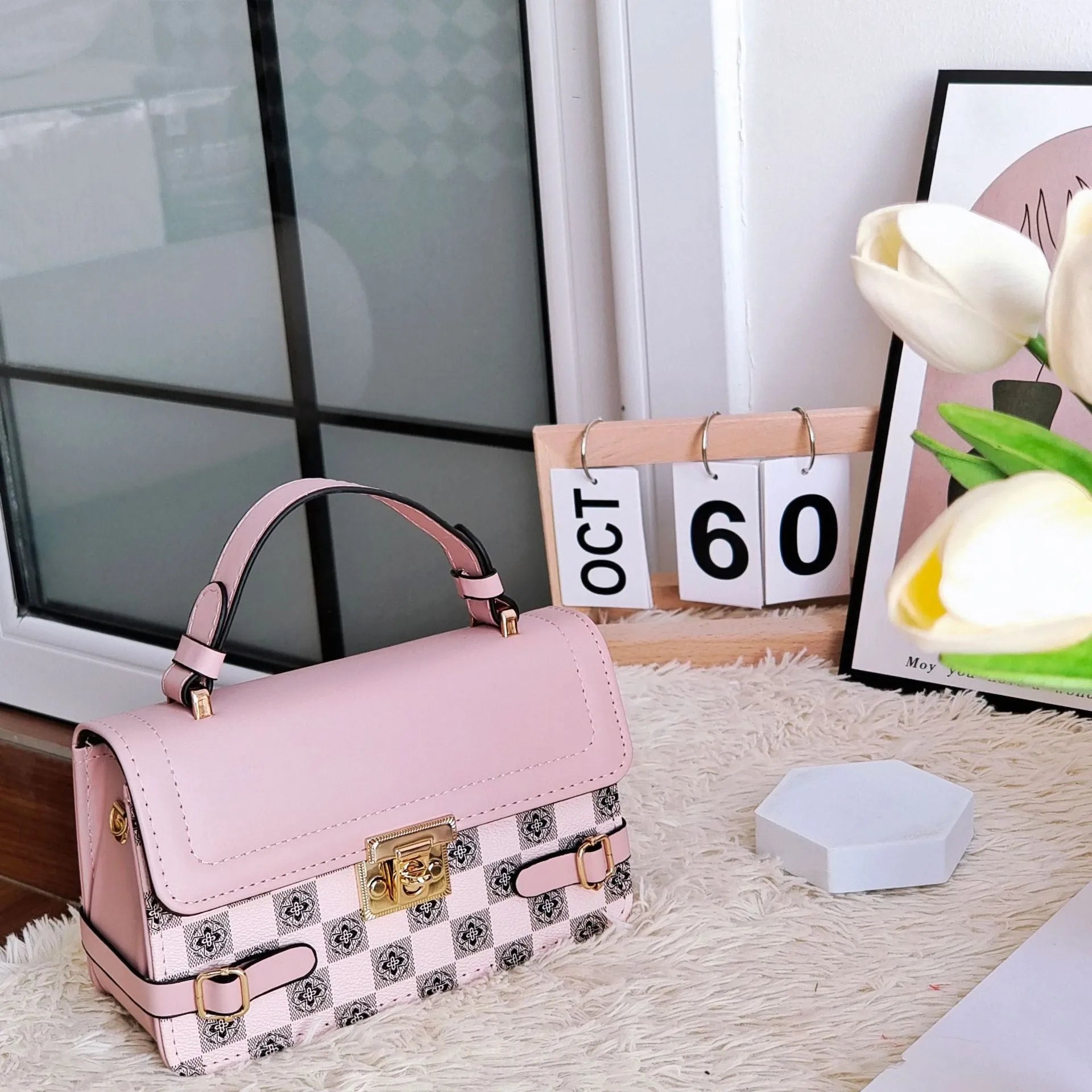 Retro ethnic pattern square crossbody bag in horizontal format with stitching detail and file bag interior