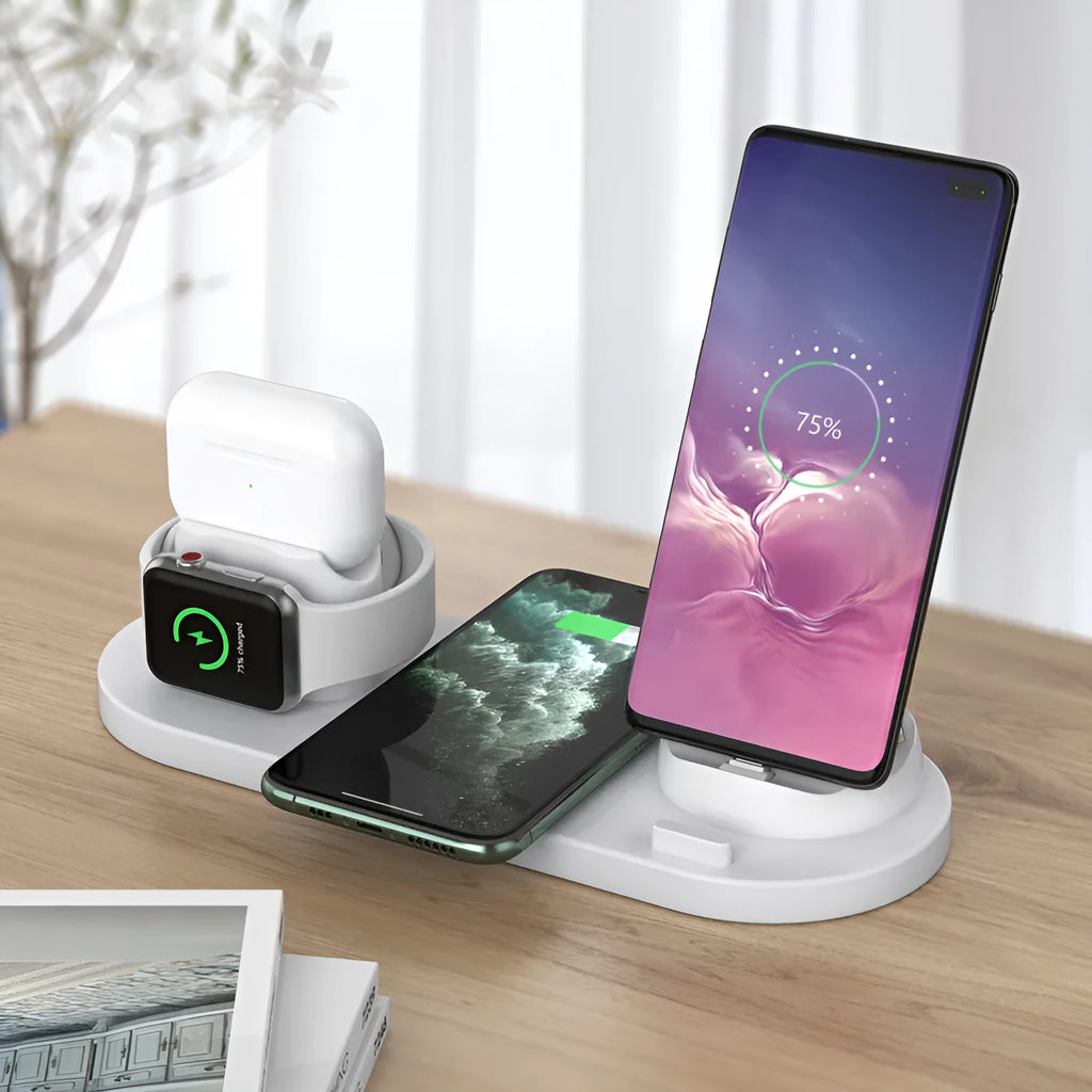 Black or white 6-in-1 wireless charging phone holder with 10W output and AirPods charging