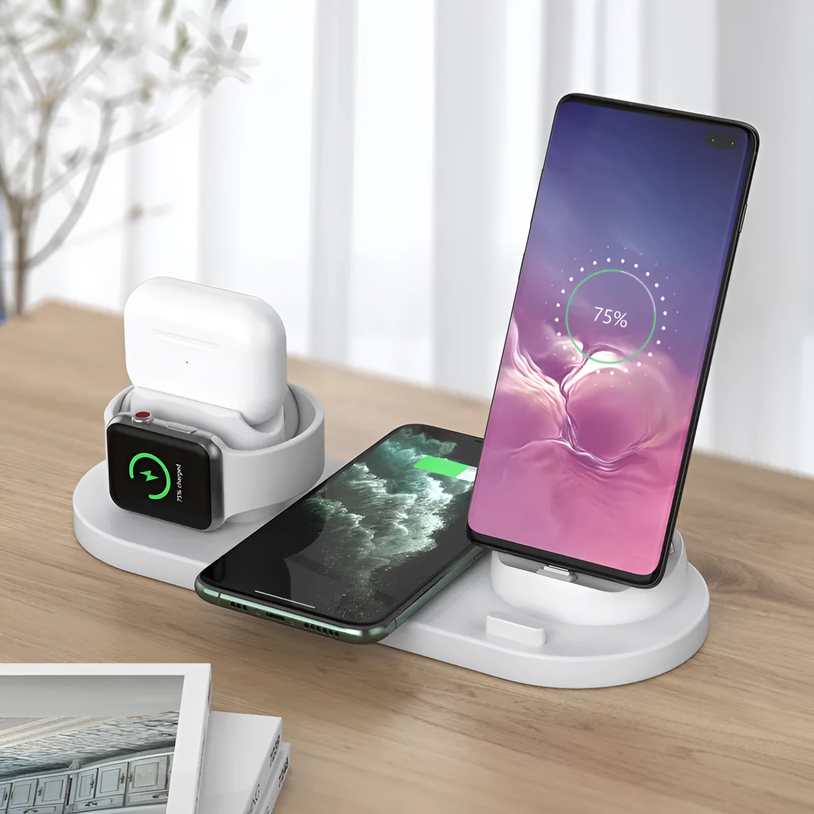 Black or white 6-in-1 wireless charging phone holder with 10W output and AirPods charging