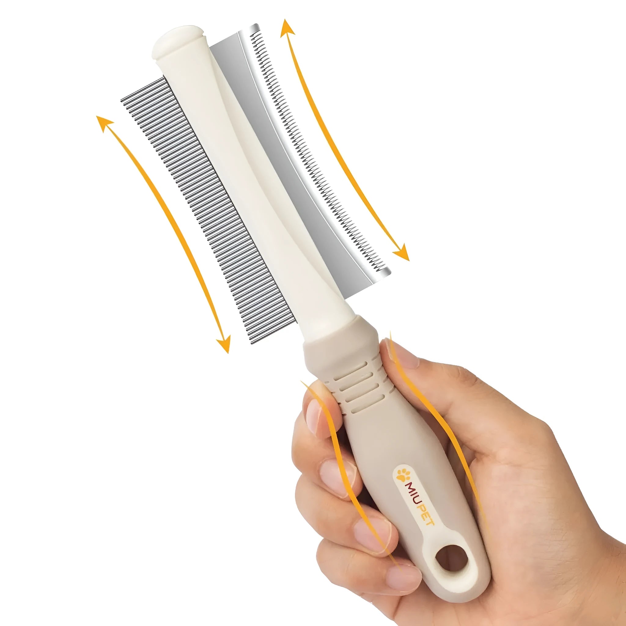 White double-sided pet grooming brush with curved comb and deshedding blades on ergonomic handle