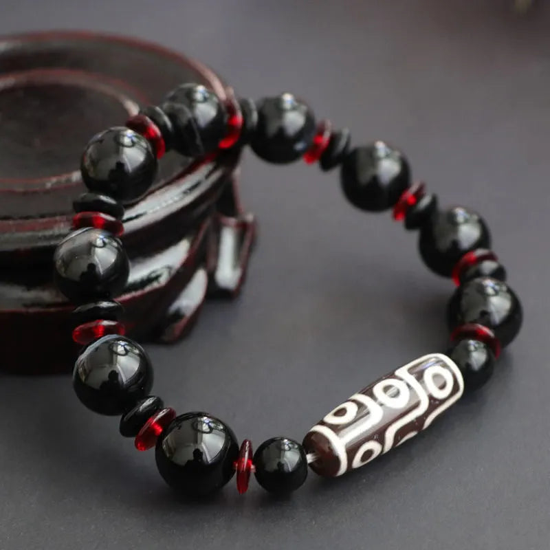 Hand-woven black agate Dzi bead bracelet with 11mm geometric chalcedony stones in national style