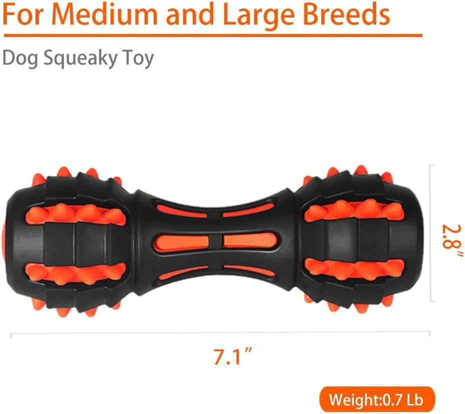 Red rubber dumbbell-shaped dog chew toy for medium and large breed aggressive chewers
