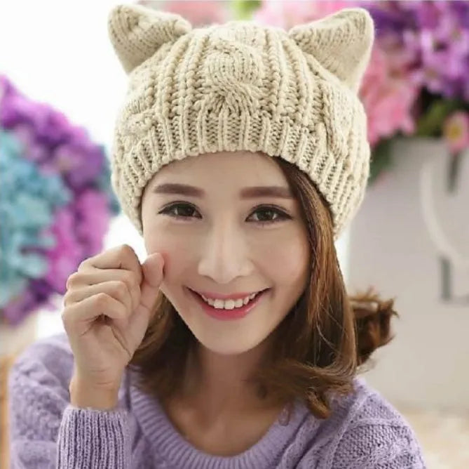 Hand-made knitted winter beanie with 3D cat ears in multiple colour options