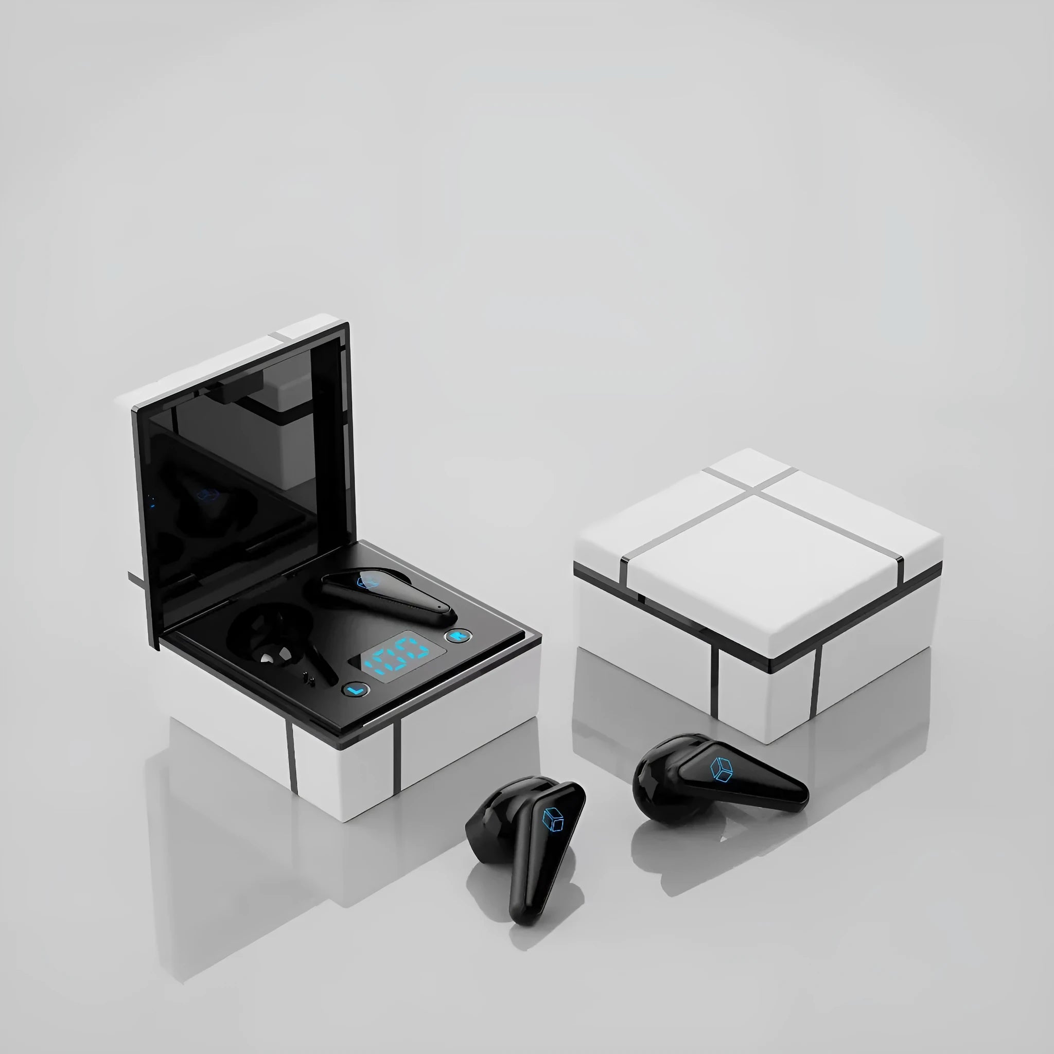 Wireless gaming headset with digital display showing Bluetooth 5.0 connectivity and available in blue and white colour option