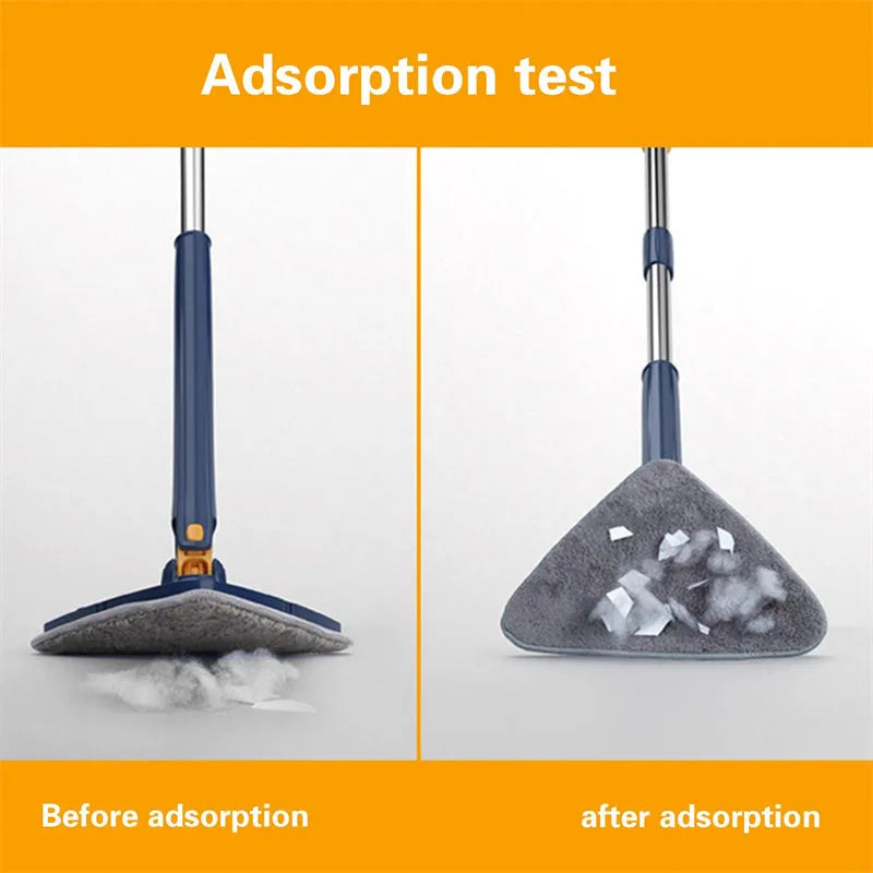 Blue extendable triangle cleaning mop with rotating head on stainless steel pole.