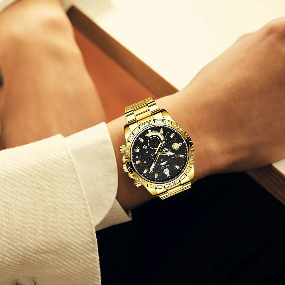Men's gold-tone quartz watch with stainless steel bracelet and calendar display