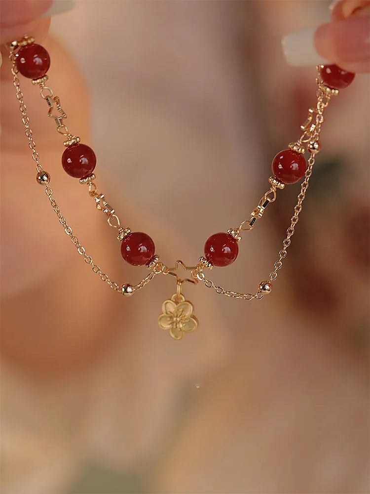 Red agate double layer bracelet with floral and peach blossom decorative elements for women's ethnic jewellery