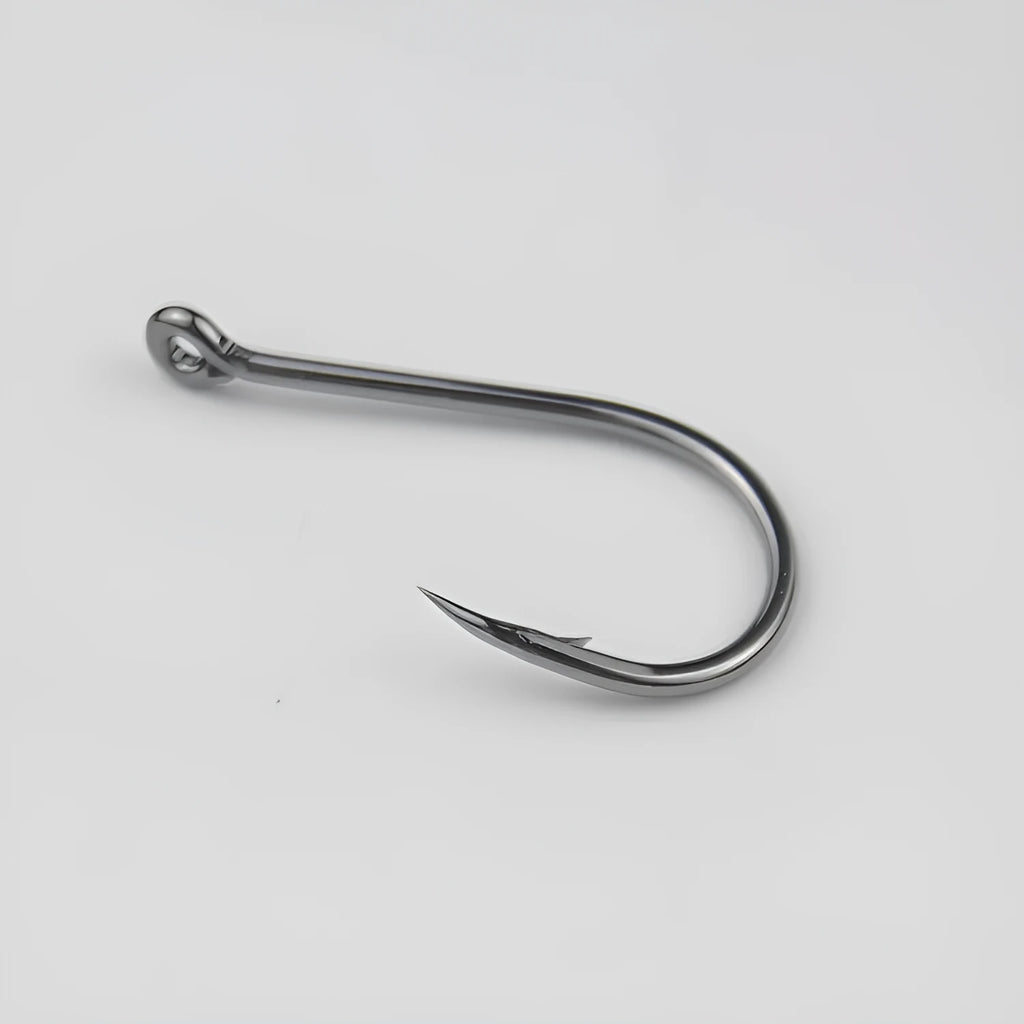 A selection of barbed, crooked mouth fishing hooks with ring holes made from alloy carbon steel.