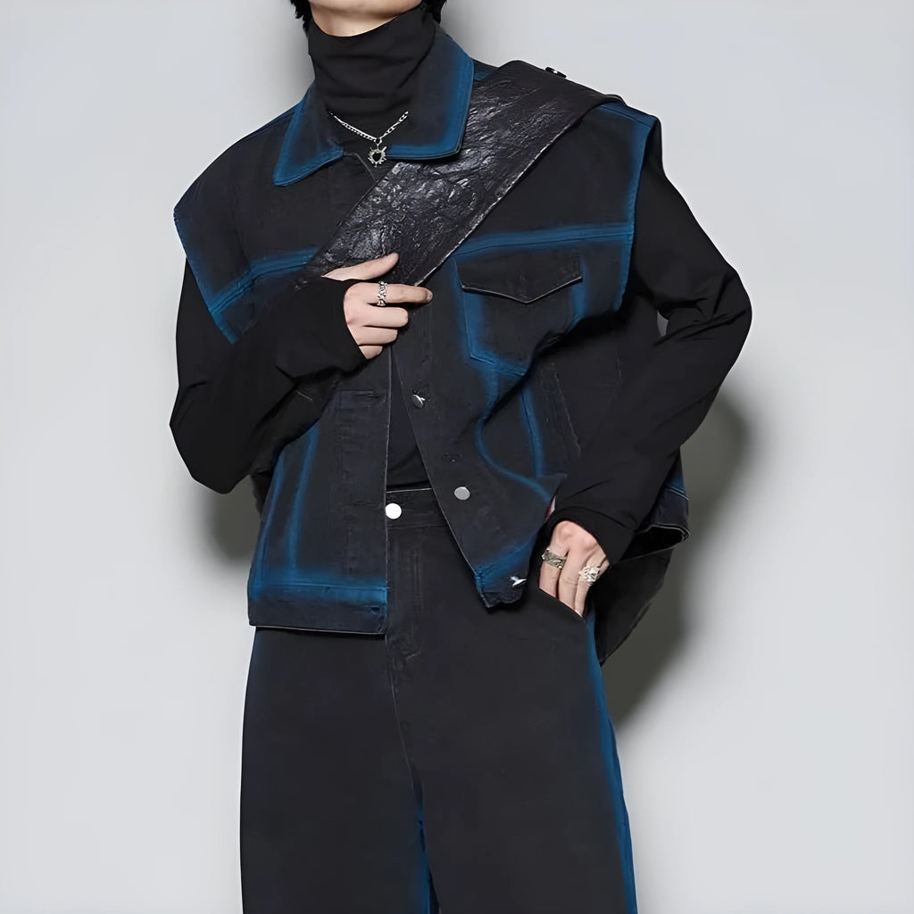 Spray colour gradient distressed vest and jeans suit with fleece lining in blue or black options