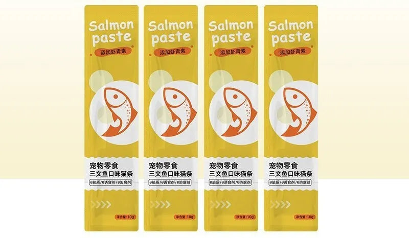 Pack of 10 soft cat snack strips in four flavour varieties: chicken, duck, salmon, and tuna.
