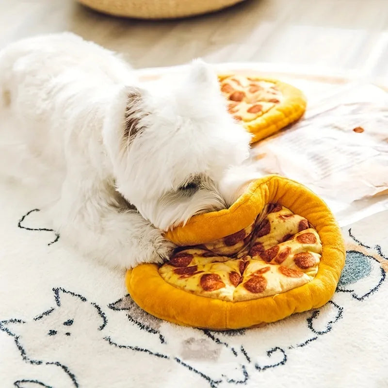 Yellow teddy bear dog chew toy with pizza design details for interactive play and dental care
