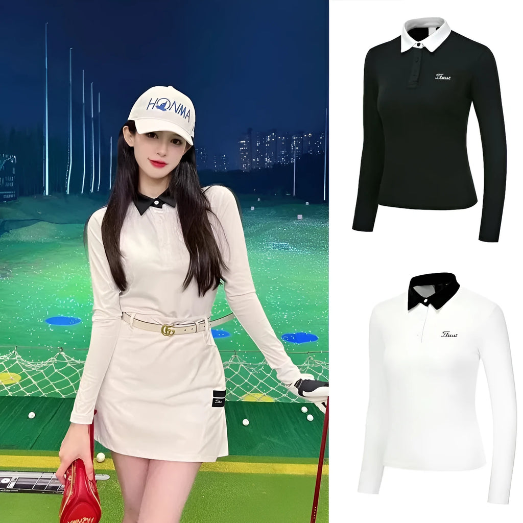White slim-fit long sleeve women's golf top on a hanger