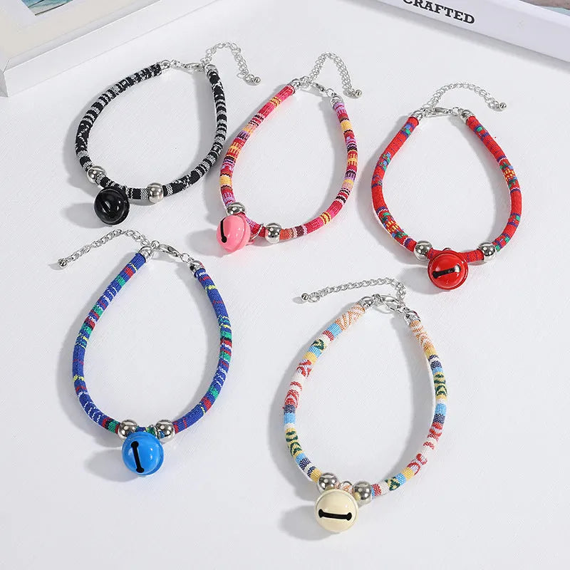 Coloured ethnic style adjustable pet collar with bell necklace for cats and dogs