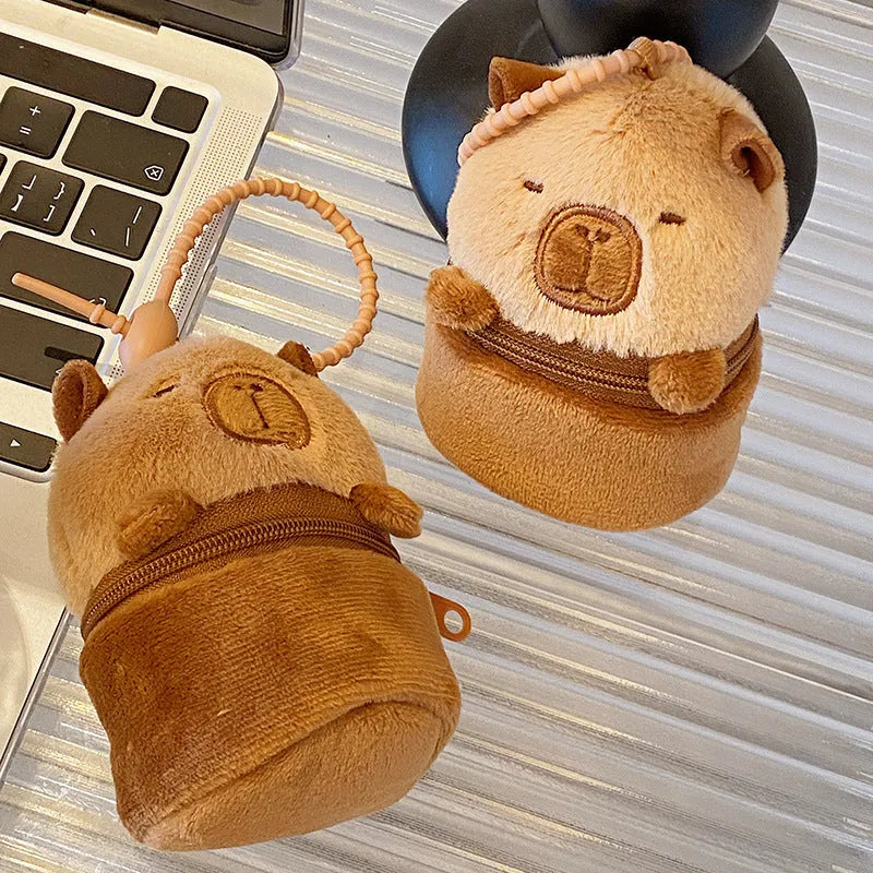 Cute Cartoon Capabala brown plush coin purse and earphone bag with embroidered animal pattern