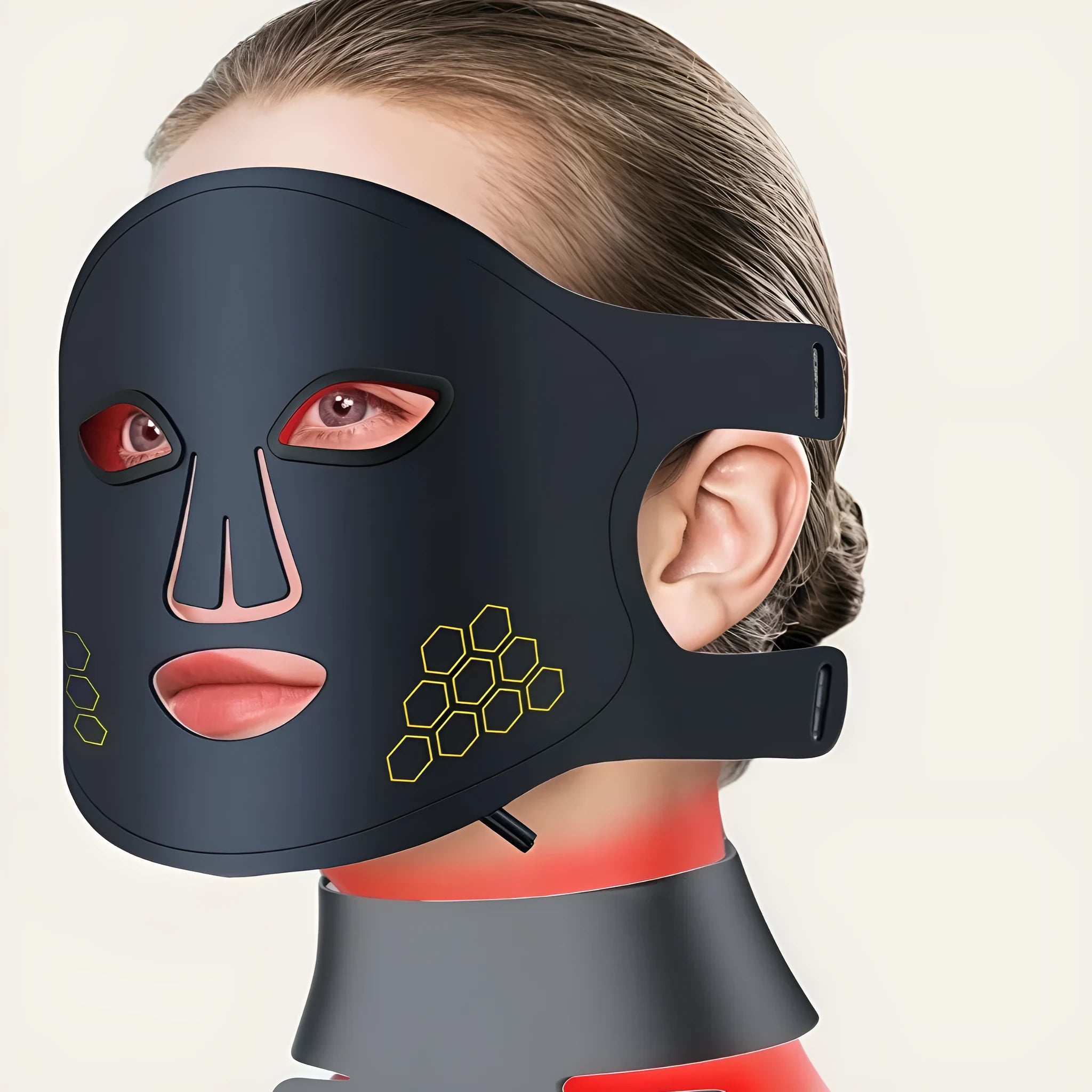 Black LED photon light therapy face mask with neck piece for at-home skin treatment.