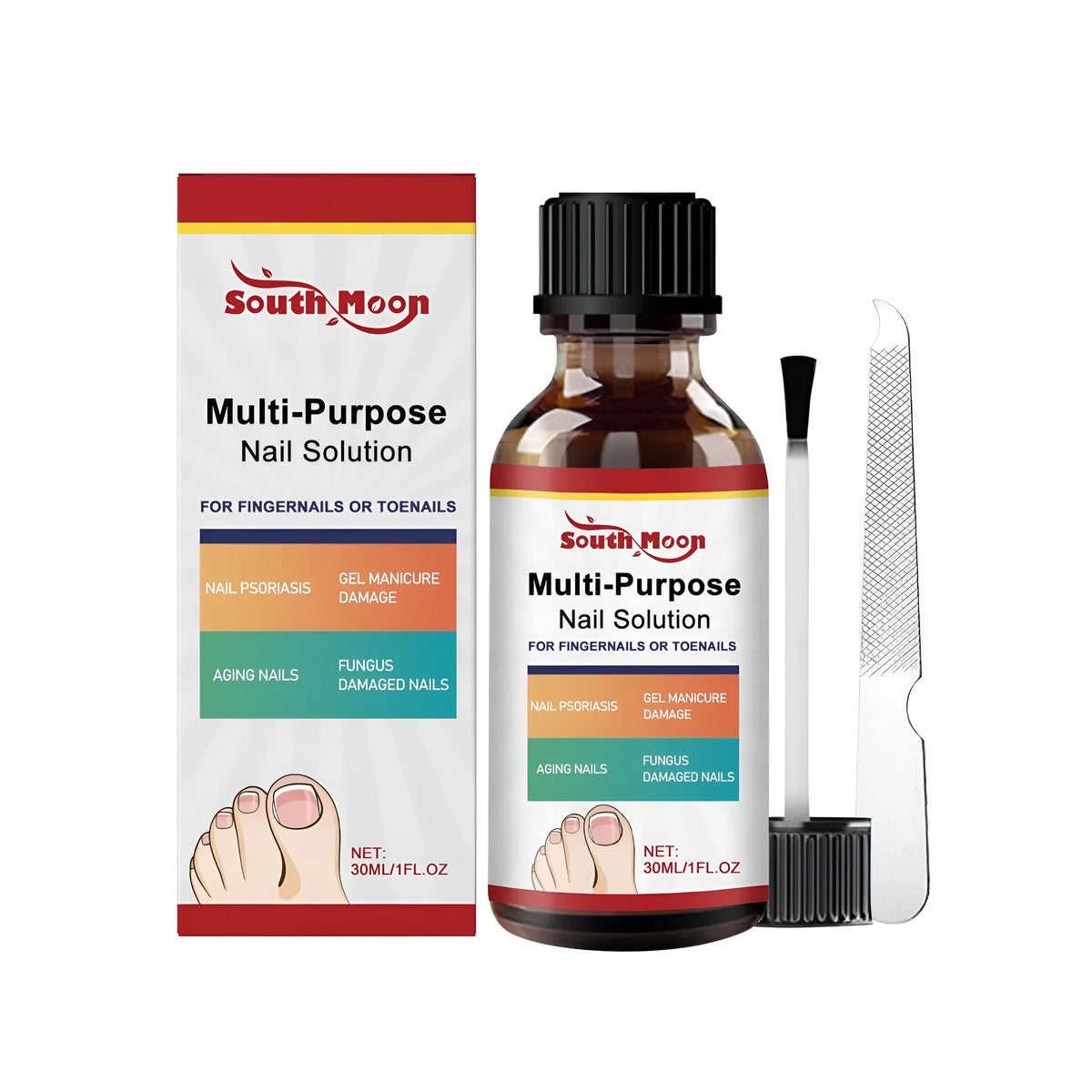 Nail care solution kit with 30ml bottle and nail file on white background