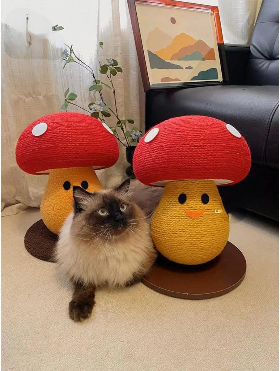 Foldable round mushroom-shaped cat scratcher lounge made from corrugated cardboard
