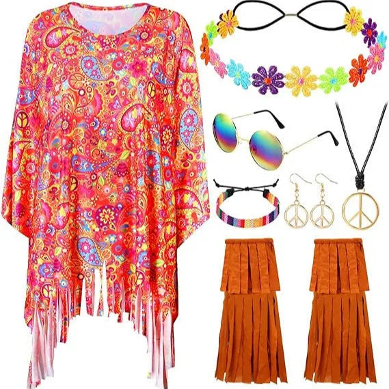 Tie dye cloak costume with sleeveless bell sleeves in vibrant spandex fabric for Halloween events