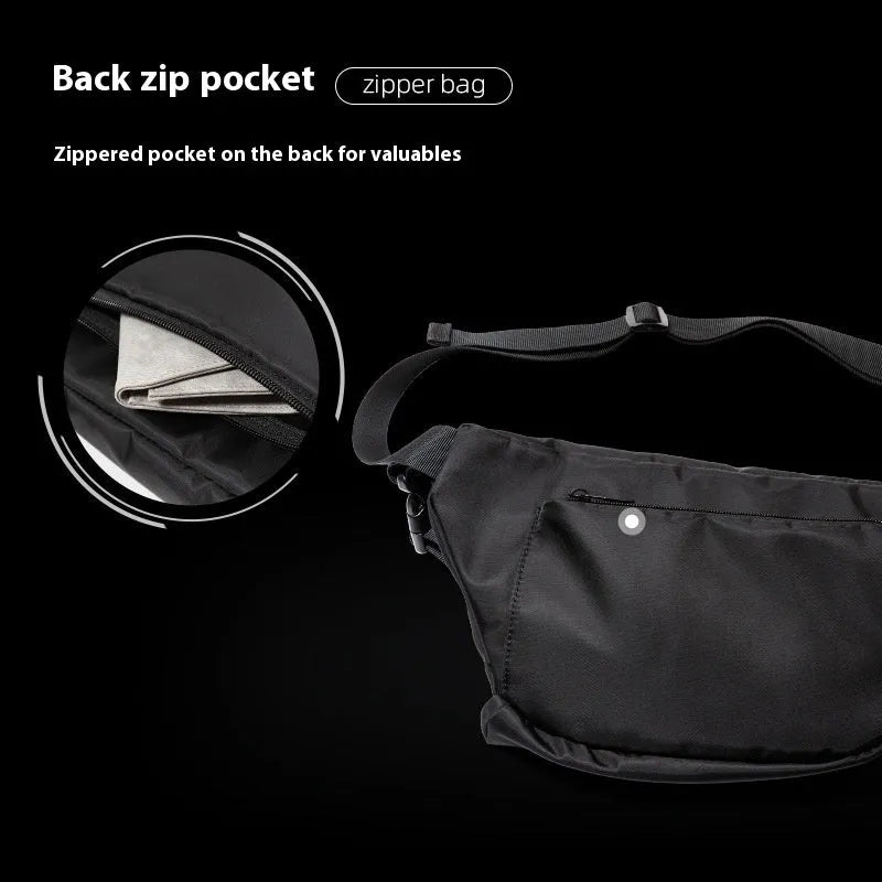 Black men's slanted chest bag made from Oxford fabric, showing sewing line details.