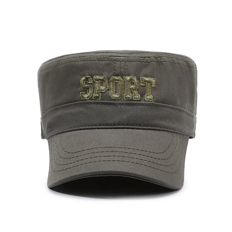 Men's adjustable cotton flat-top peaked cap in army green colour on a neutral background.
