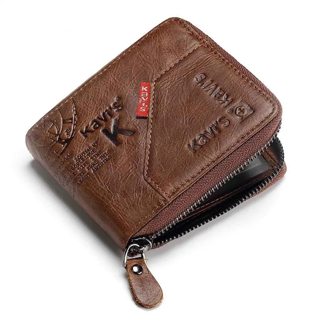 Men's coffee coloured genuine leather wallet with vintage locomotives pattern and multiple compartments