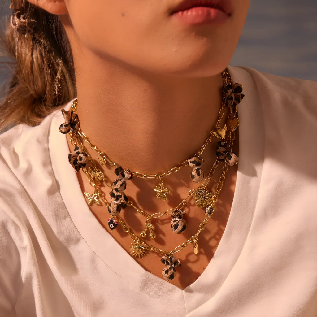 Women's stainless steel necklace with leopard, love heart, and flowers pendant on a regular chain.
