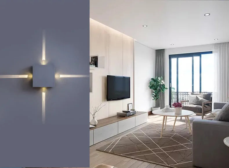 Modern square or round LED aluminium wall light with iron shade showing warm white illumination