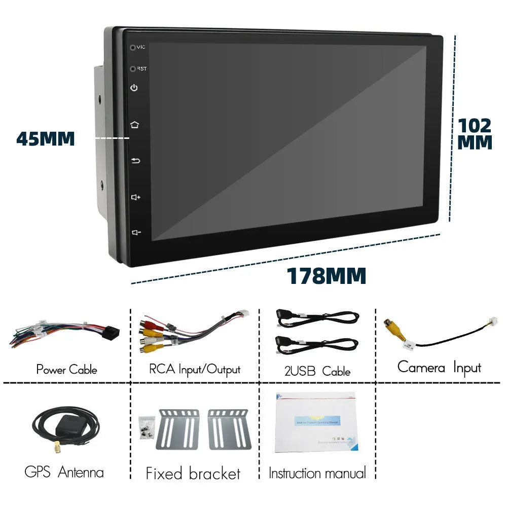 Universal car MP5 player with 7-inch screen showing Carplay interface and GPS navigation