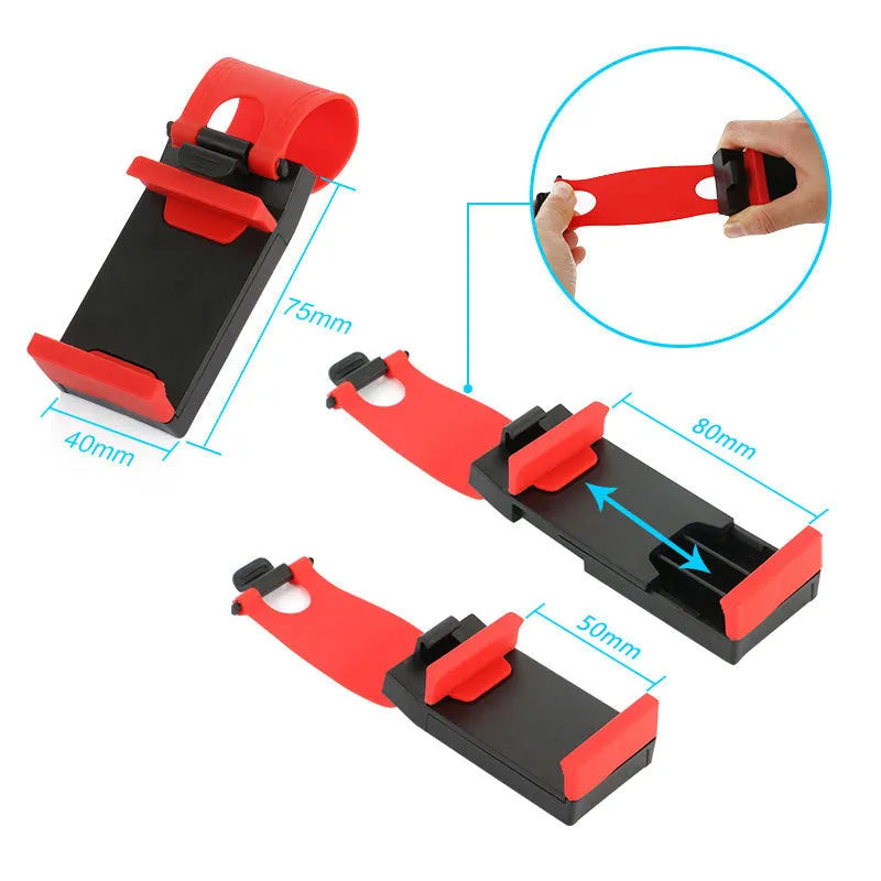 Black universal car steering wheel clip mount holder for mobile phones and GPS devices.
