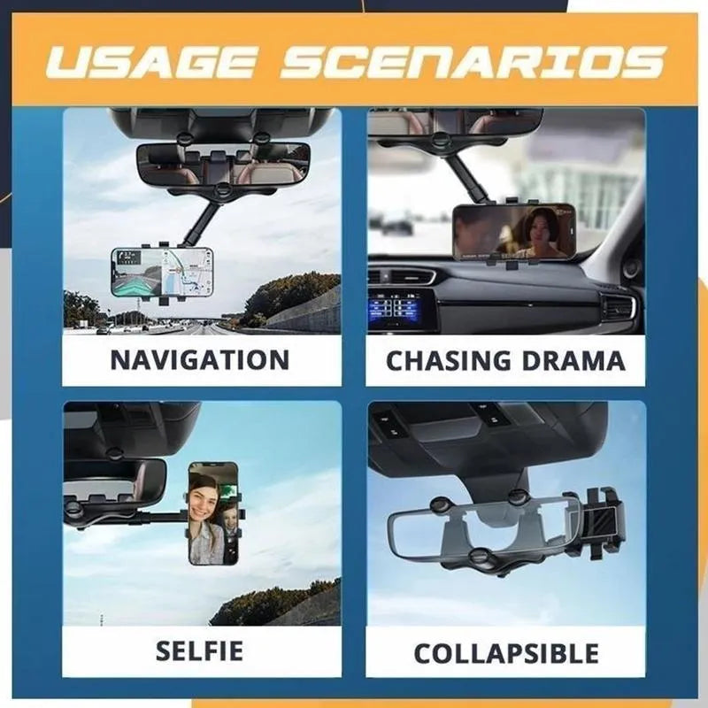Black rearview mirror phone holder with telescopic arm and four-claw phone grip mounted on a car mirror
