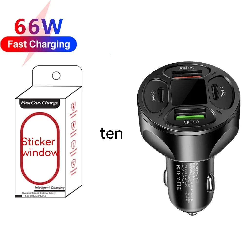 66W digital display car charger with two USB and two Type-C ports showing voltage readout