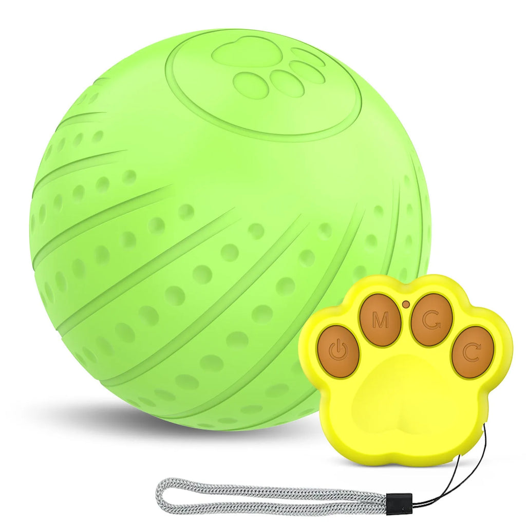 Bite-resistant rubber dog toy ball in blue, green, or orange with automatic or remote-control option