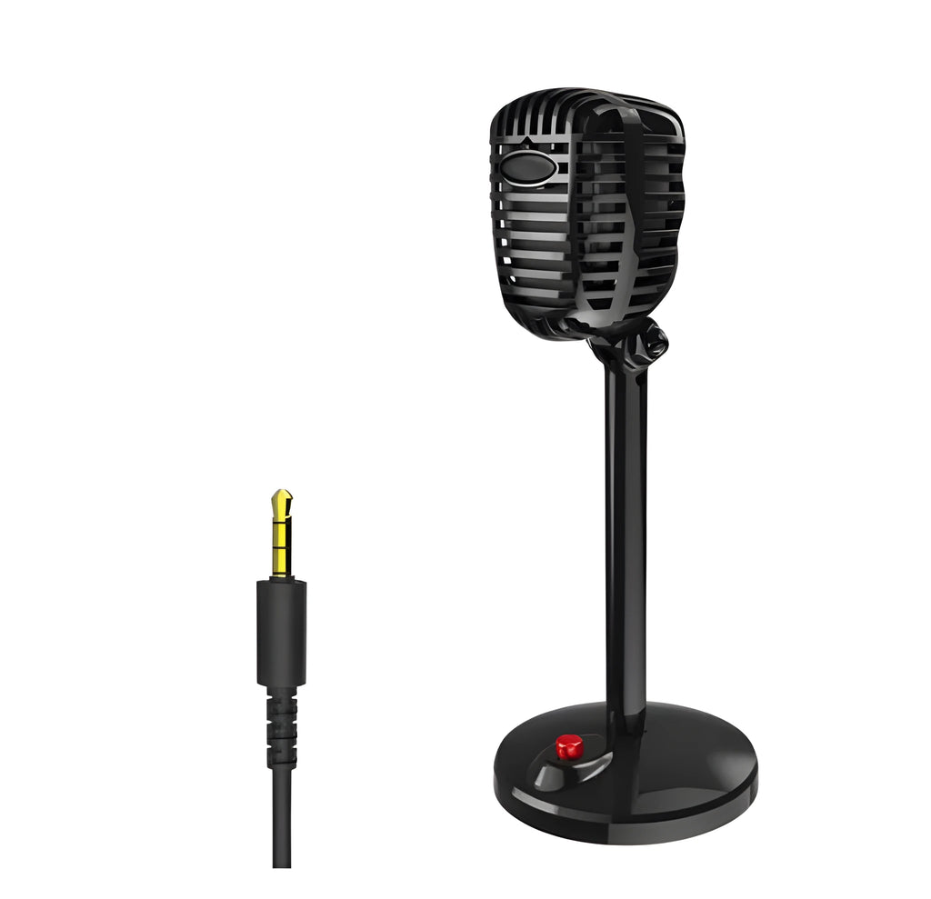 Black USB computer microphone with adjustable stand on desktop