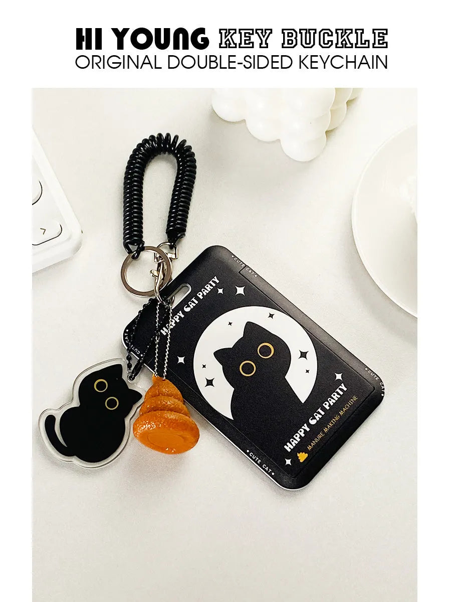 Cartoon little black cat design plastic card holder with ferrule pendant attached.