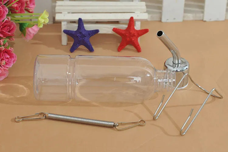 Hanging pet water feeder bottle with stainless steel faucet, transparent natural colour, 180ml or 350ml small animal drinking dispenser