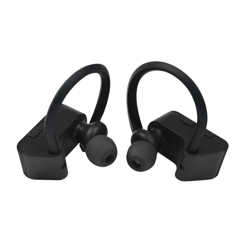 Black wireless Bluetooth earphones with ergonomic design shown with a charging case.