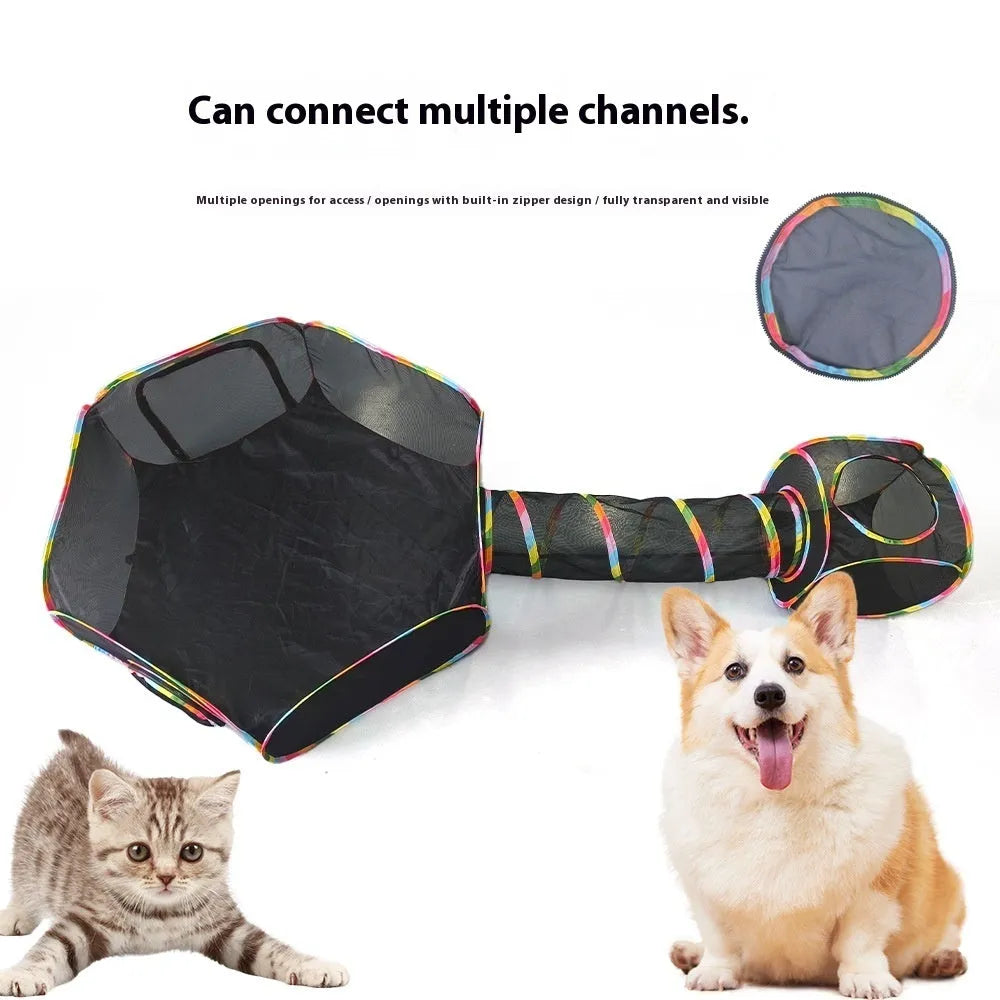 A foldable mesh cat play cage in a hexagonal style, shown both set up and collapsed flat.