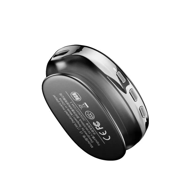 Blue Bluetooth MP4 music player with OLED screen showing track info, next to black and rose gold variants.
