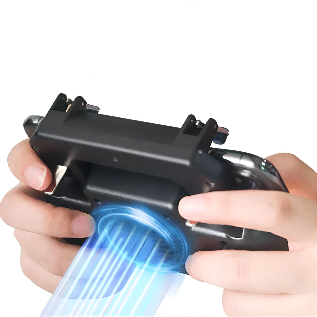 Black mobile game controller with USB cable, aluminium alloy trim, and dedicated grip buttons.