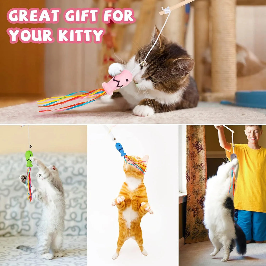 Wooden handle cat wand toy with catnip fish, colourful ribbons, and a bell for interactive play.
