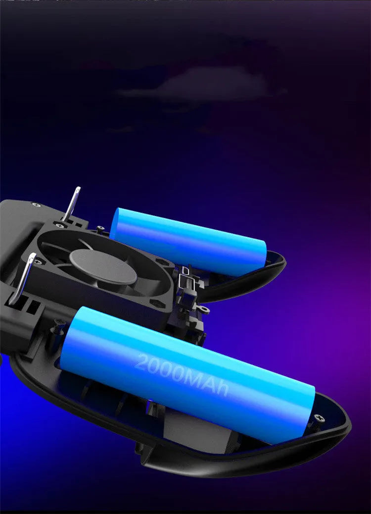Black mobile game controller with USB cable, aluminium alloy trim, and dedicated grip buttons.
