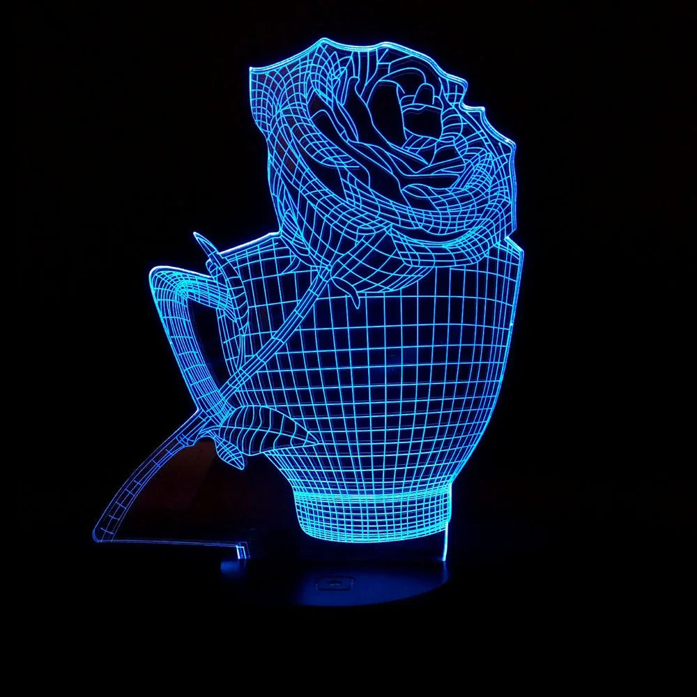 3D rose flower night light with acrylic design and ABS base showing colour changing options
