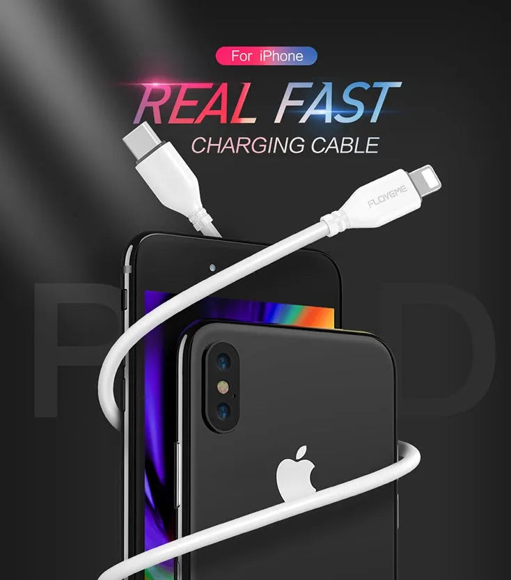 White nylon-braided USB-C to Lightning cable showing connectors and 1 metre length