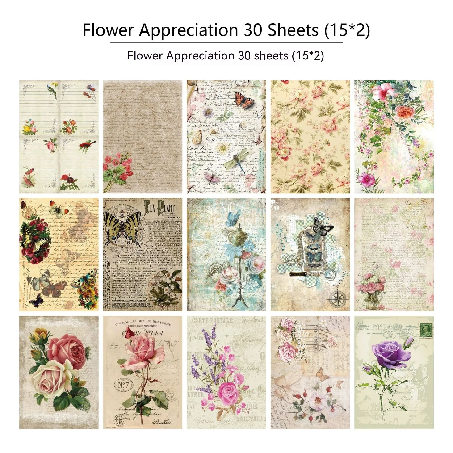 30-piece retro scrapbook paper set showing floral, botanical, musical, and handwritten letter designs for diary decoration