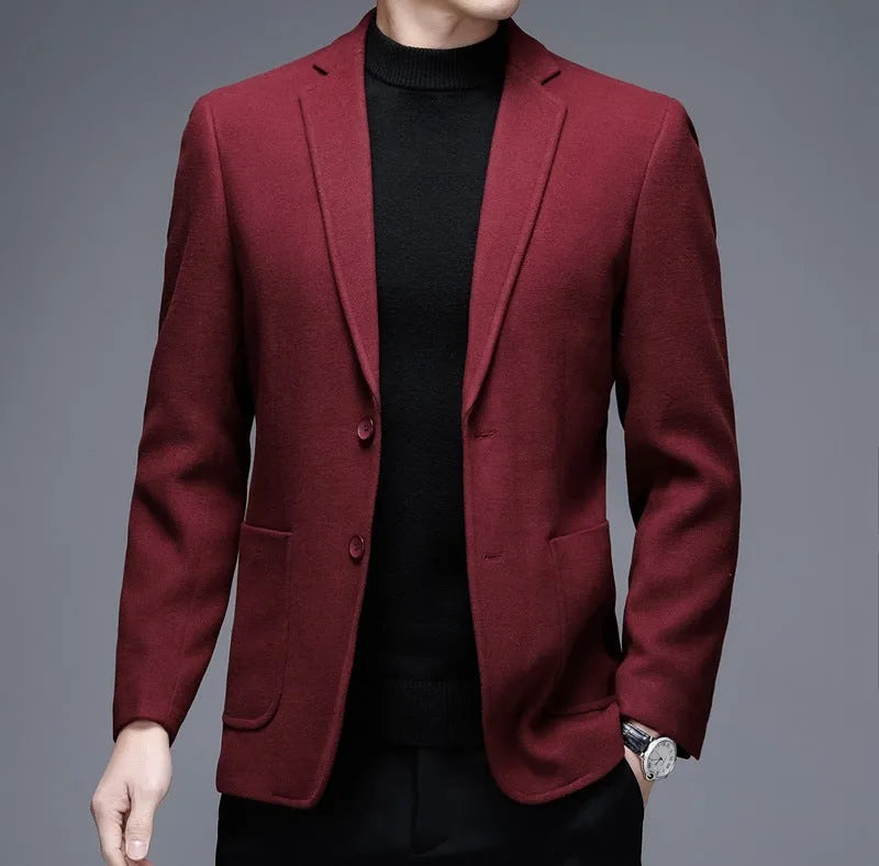 Men's solid colour loose-fit woolen winter jacket in gray, shown front-on.