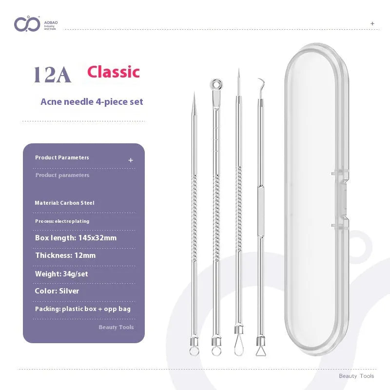 Four silver metal acne needles and a handling clip laid out on a clean surface.